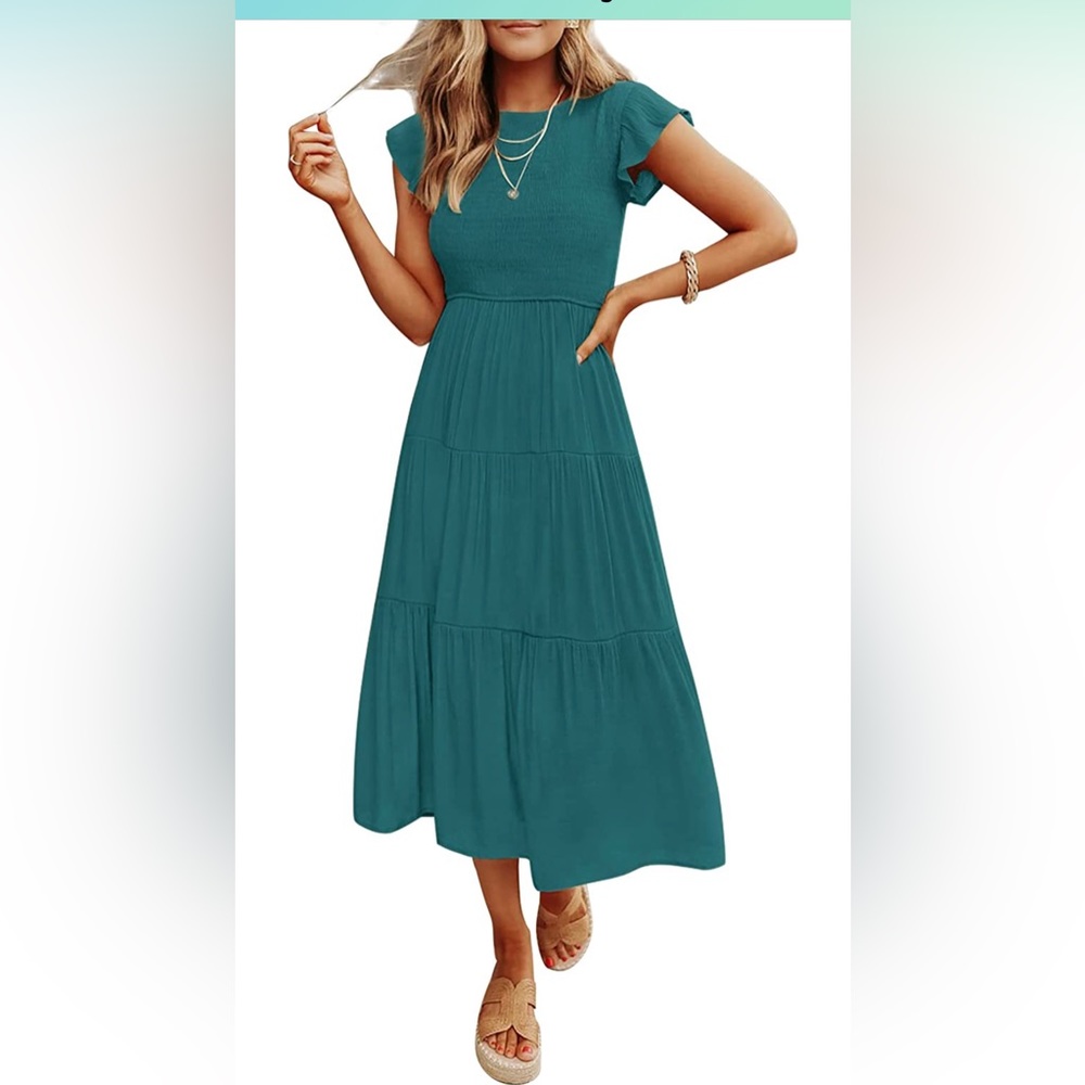 NWTCasual Flutter Short Sleeve Crew Neck Smocked Elastic Waist Tiered Midi Dress